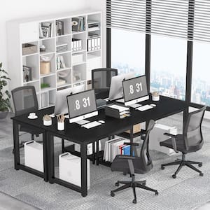 Halseey 78 in. Rectangular Black Wood Computer Desk Two Person Writing Desk with Metal Frame and Storage Shelves