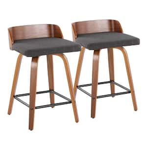 Maya 24 in. Charcoal Fabric, Walnut Wood and Black Metal Fixed-Height Counter Stool (Set of 2)