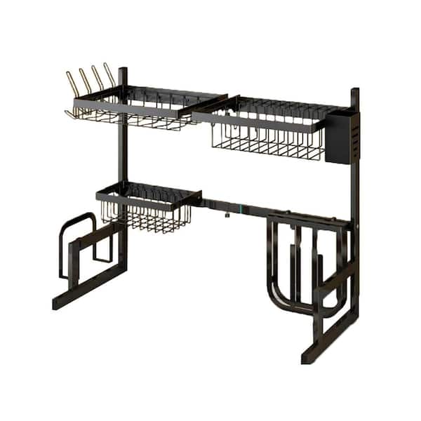 Adrinfly Adjustable 2-Tier Large Stainless Steel Dish Rack Drainer Over Sink for Kitchen Counter Organizer Storage with Hooks