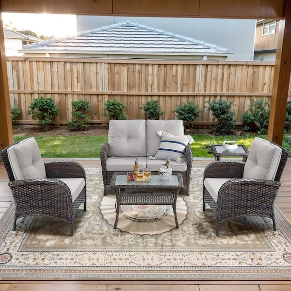 Opohoro Brown 5-Piece Wicker Patio Conversation Set with Armchairs, Outdoor Loveseat Seating Set with Beige Cushions