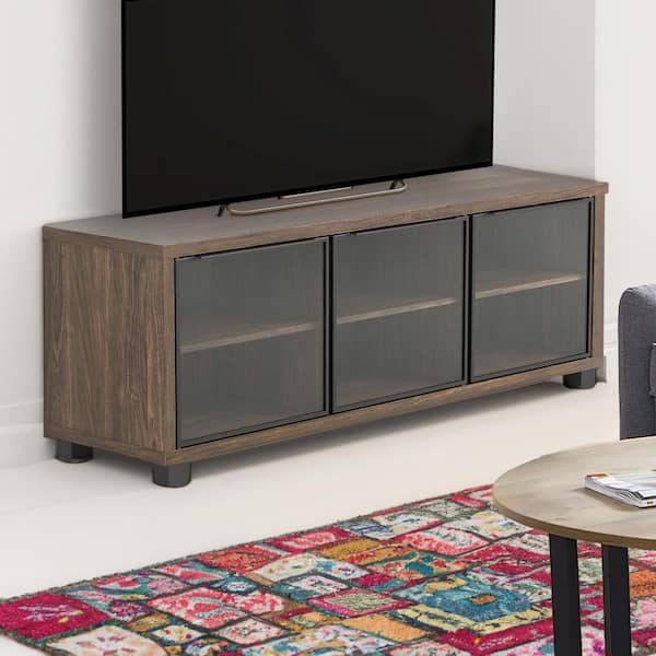 Benjara 59 in. Brown Wood TV Stand Fits TVs up to 50 in. with 3-Glass Door Storage