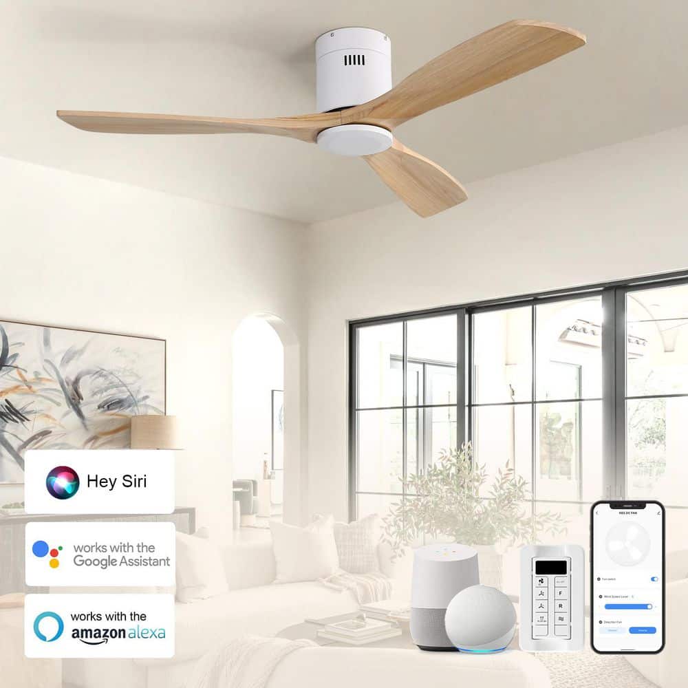52 in. Smart Standard Indoor/Outdoor Wood Blades White Flush Mount Ceiling Fan with Romote&APP Control