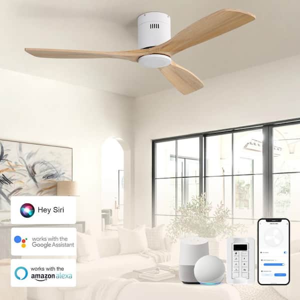 52 in. Smart Standard Indoor/Outdoor Wood Blades White Flush Mount Ceiling Fan with Romote&APP Control