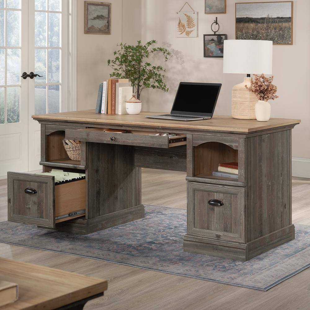 Pebble Pine Brown Executive Desk with Drawers and Filing Cabinet
