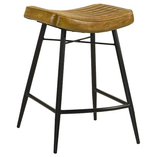 Benjara 20 in. Brown and Black Backless Metal Frame Counter Stool with Leather Seat