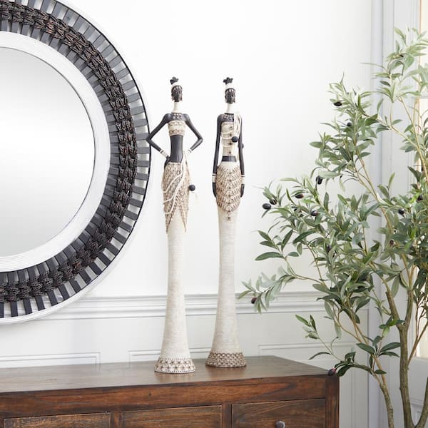 Litton Lane White Polystone Standing African Woman Sculpture with Intricate Details (Set of 2)