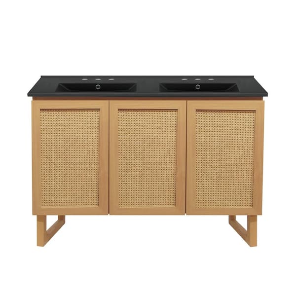 Swiss Madison Arles 48 in. Double Basin Bathroom Vanity in Natural Oak with Black, 3-Hole Ceramic Sink Top