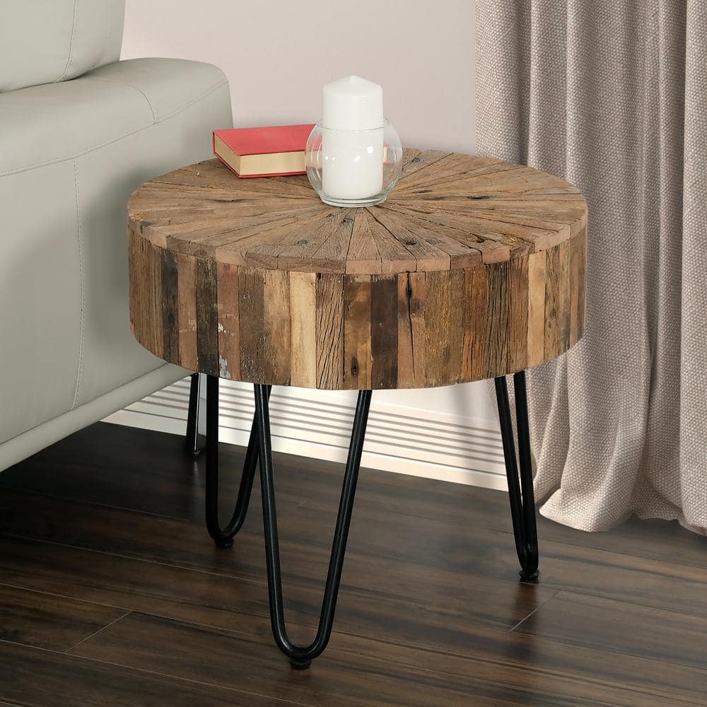 22" Rustic Reclaimed Wood Round End Table with Iron Hairpin Legs