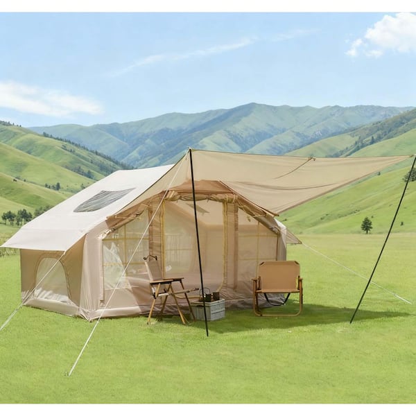 LuckByte 9.83 ft. x 6.83 ft. Beige Camping Tent with Clear