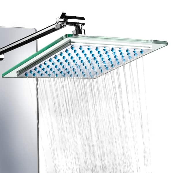 52 in. 8-Jet Shower Panel System in Mirror Silver Tempered Glass with Rainfall Shower Head LED Display Handshower 52 in. 8-Jet Shower Panel System in Mirror Silver Tempered Glass with Rainfall Shower Head LED Display Handshower