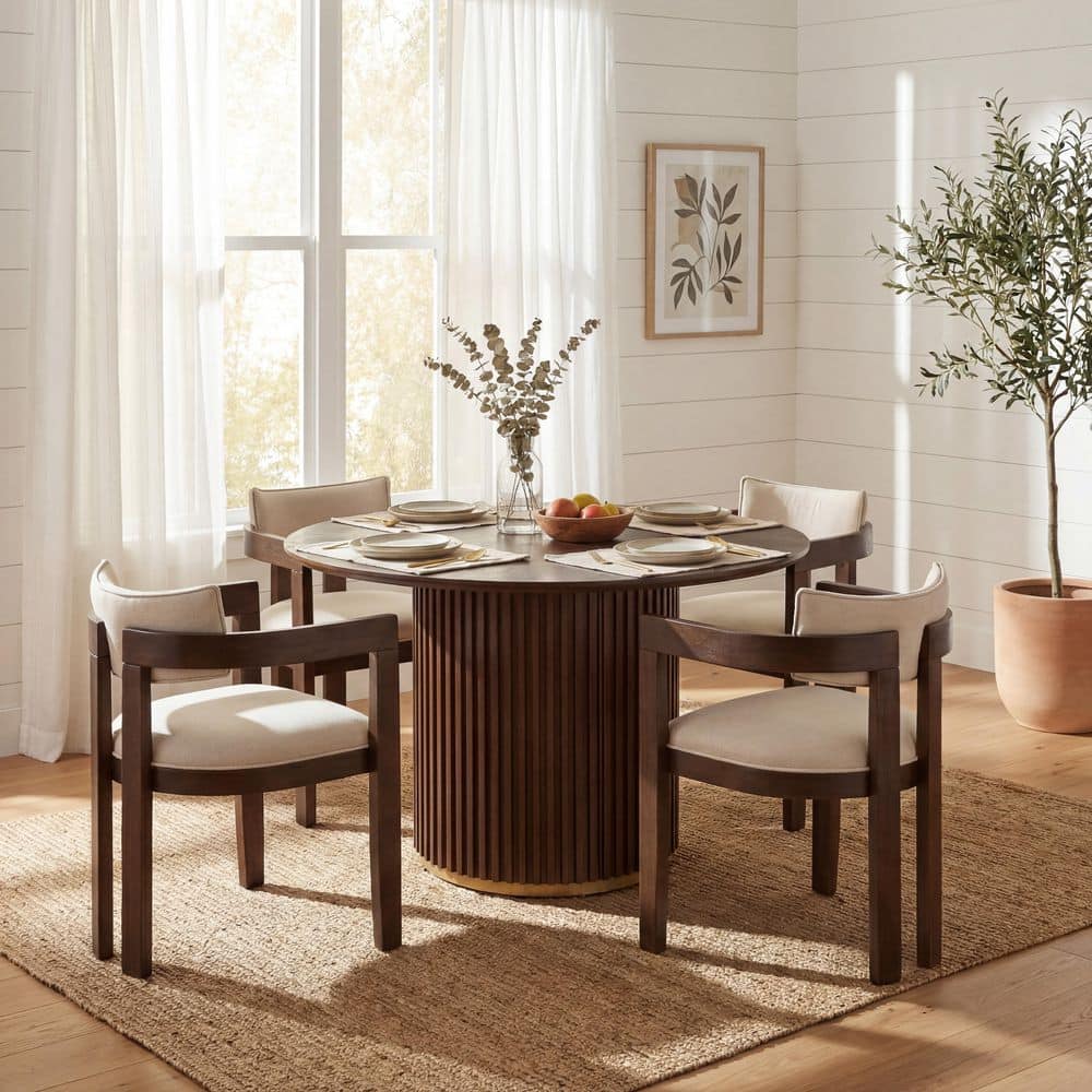 Tilda 5-Piece Beige+Walnut Wood Top Dining Set with Fabric Upholstered Dining Chairs, Solid Wood Legs, Seats 4