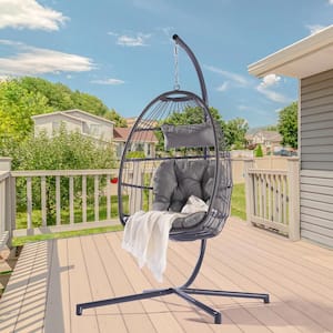 Patio Swing Egg Chair Folding Hanging Chair with Pillow and Stand, Light Gray