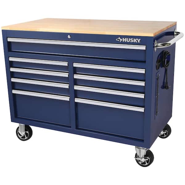 Husky 46 in. W x 24.5 in. D Standard Duty 9-Drawer Mobile Workbench Cabinet with Solid Wood Top in Gloss Blue