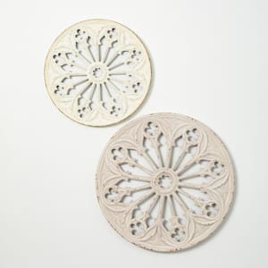 36" and 28" Distressed Beige Metal Wall Medallion (Set of 2)