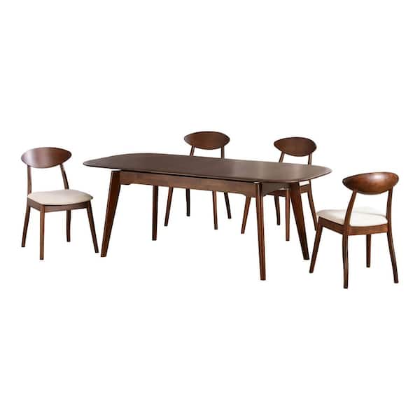Shira 5-Piece Mid Century Rectangle Rich Walnut Wood Top Dining Room Set (Seats 4) with Self Storing Leaf