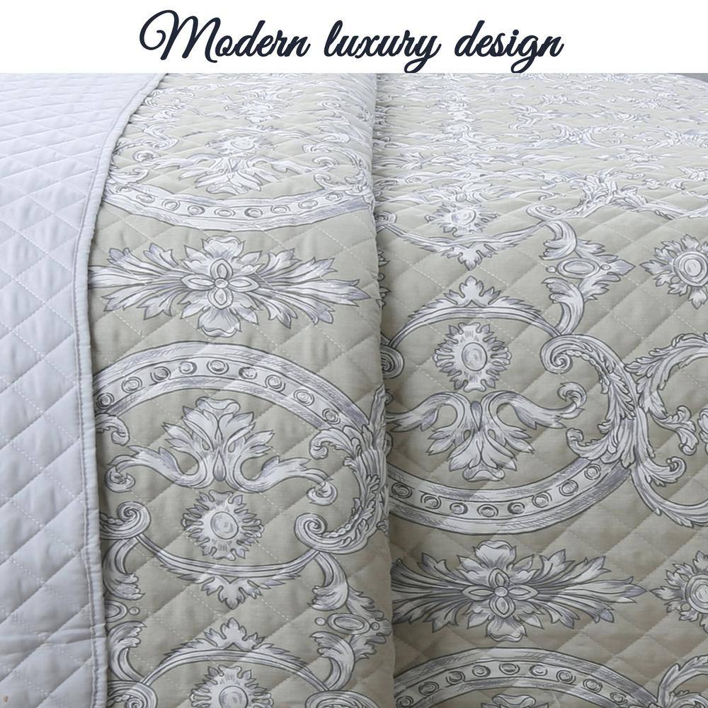 Gray and White Reversible Microfiber Queen Quilt Set