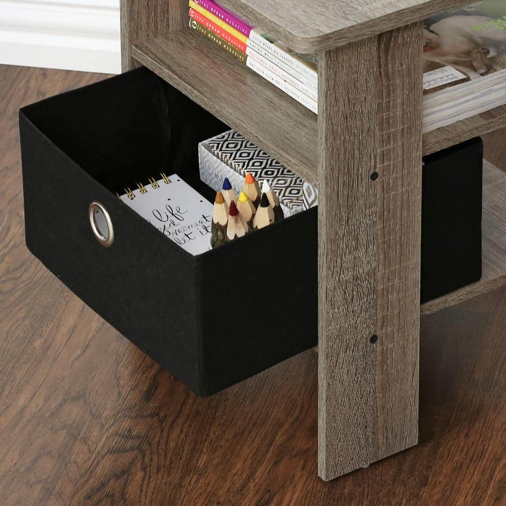 French Oak Grey and Black Engineered Wood End Table with Storage