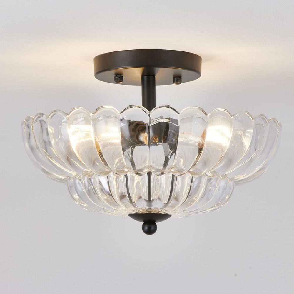 12 in. Vintage Round Matte Black Semi-Flush Mount Ceiling Light with Clear Ribbed Glass Shade for Kitchen, Bedroom price history on PriceWatchPro