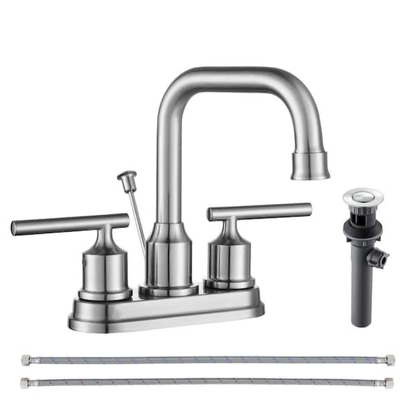 AVITAS 4 in. Centerset Double Handle High Arc Bathroom Faucet with Drain Kit and Supply Lines Included in Brushed Nickel