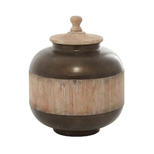 14 in. Brown Metal Decorative Jars with Wood Lids