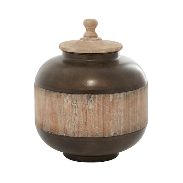 Litton Lane 14 in. Brown Metal Decorative Jars with Wood Lids