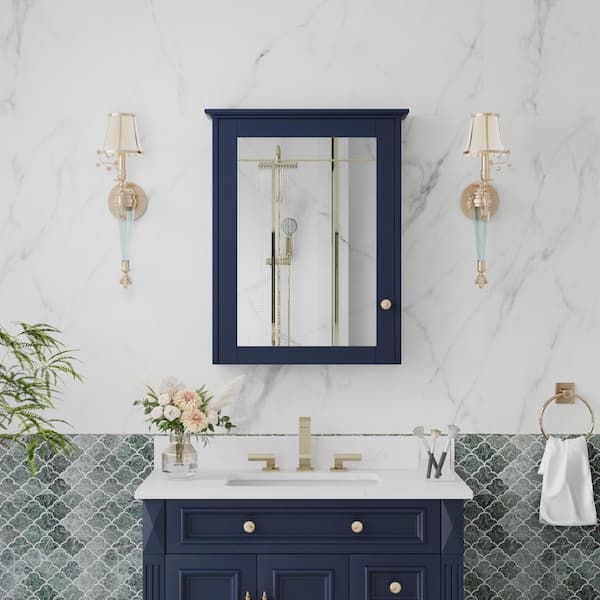 ANGELES HOME 24 in. W x 30 in. H Medium Rectangular Navy Blue Solid Wood Wall Mount Soft Close Medicine Cabinet with Mirror,Assembled