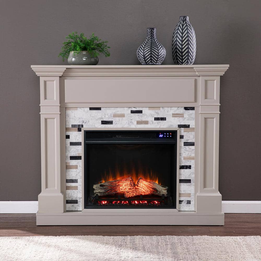 Southern Enterprises Tanderson 48 in. Marble Surround Electric Fireplace in Gray, Gray finish w/ black/ gray/ and white marble -  HD212876