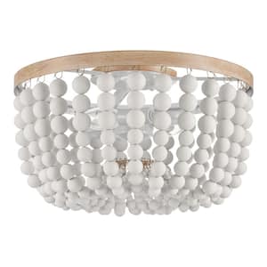 Cayman 13 in. 2-Light White and Faux Wood Beaded Flush Mount Ceiling Light Fixture with White Beaded Shade