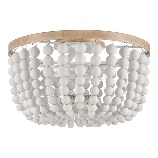 Hampton Bay Cayman 13 in. 2-Light White and Faux Wood Beaded Flush Mount Ceiling Light Fixture with White Beaded Shade