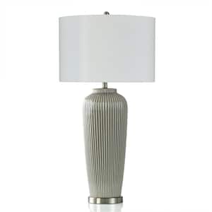36 in. Cream and Grey, Crackle Ribbed Ceramic Table Lamp with White Linen Shade