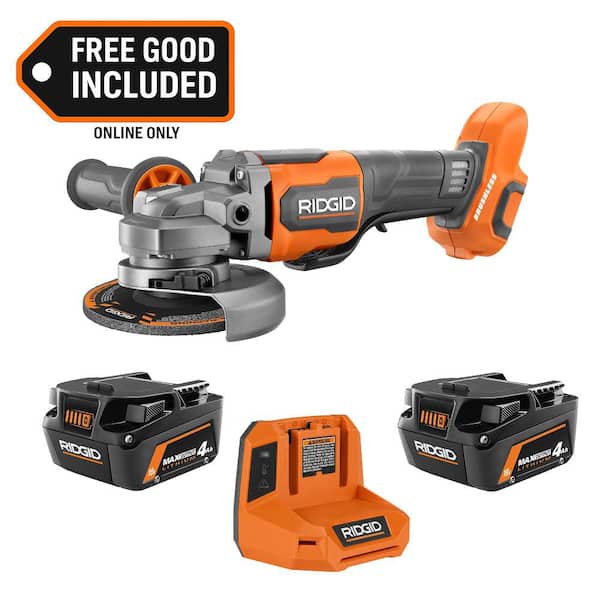 Home Depot: RIDGID 18V MAX Output Starter Kit with (2) 4.0 Ah MAX Output Batteries and Charger with 18V Brushless Angle Grinder (AC8609340SB-R86047B)
