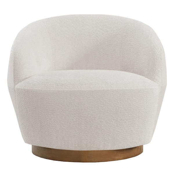 Spruce & Spring Henry White Fabric Swivel Accent Chair with Wood Base Round Barrel Armchair for Living Room or Bedroom