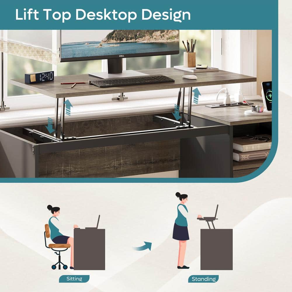 Retro Grey Oak Adjustable Height Standing Desk with Drawer and Power Outlet