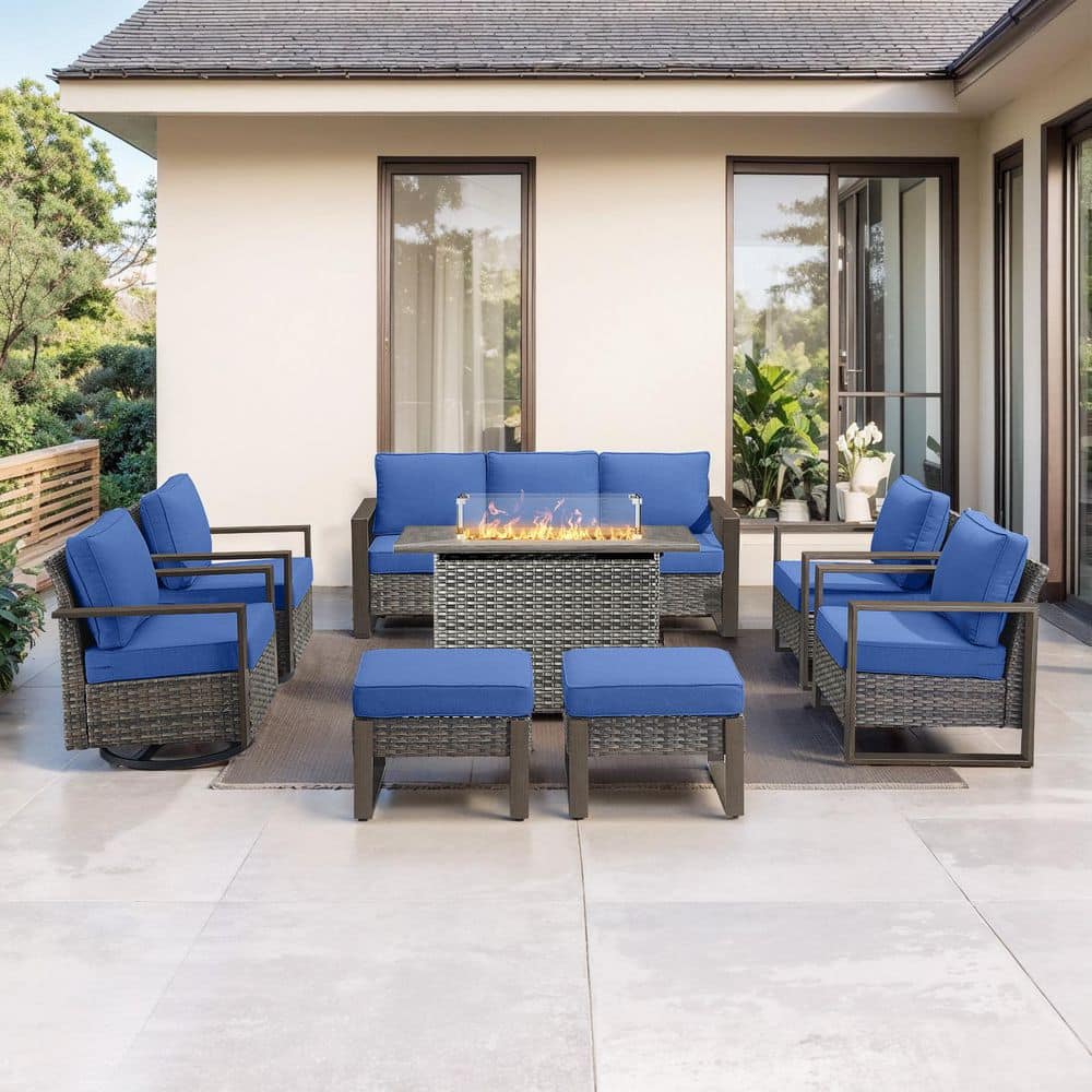 Funky 8-Piece Gray Wicker Outdoor Patio Rectangular Fire Pit Conversation Set with Swivel Chairs with Blue Cushions price history on PriceWatchPro