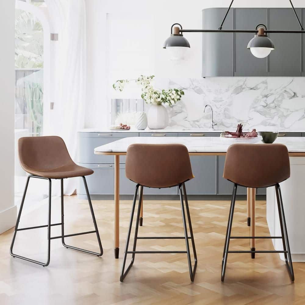 24 in.H Brown Faux Leather Upholstered Barstools Metal Hambrook Curved Back Counter Height Bar Stools (Set of 3)