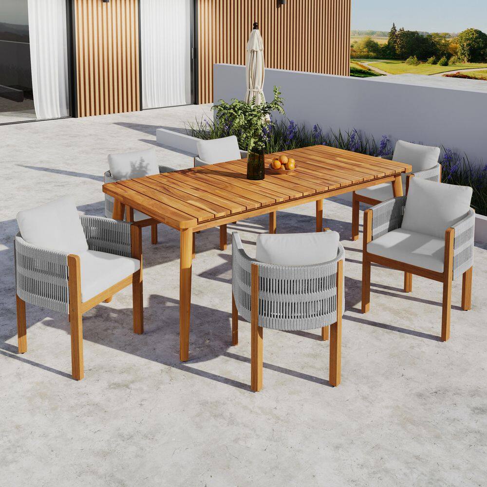 Beryl 7-Piece Teak Finish Solid Wood and Grey Rope Weave Patio Outdoor Dining Set with Grey Cushions, Curved Arm Chairs