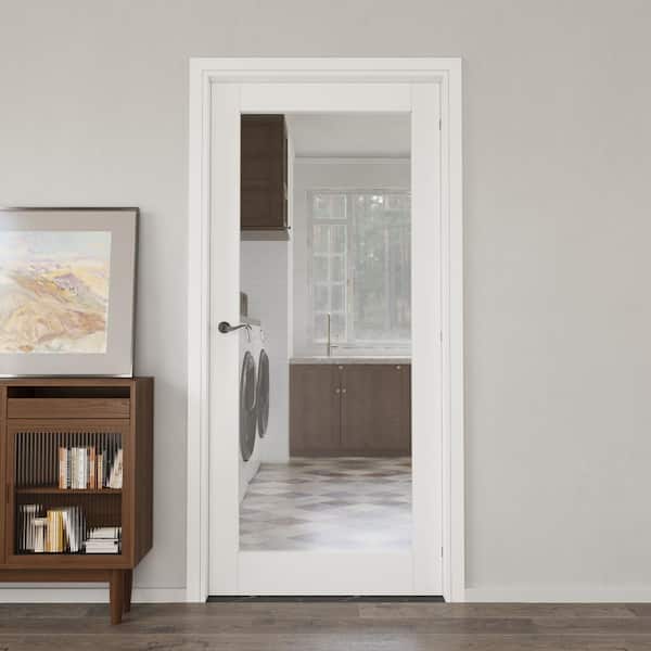 36 in. x 80 in. 1-Lite Clear Glass Right-Handed White Solid Core MDF Prehung Door with Quick Assemble Jamb Kit