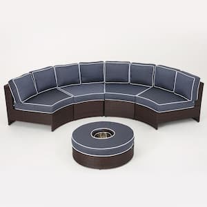 Madras Saint Luca Brown 5-Piece Faux Rattan Patio Sectional Seating Set with Navy Blue Cushions