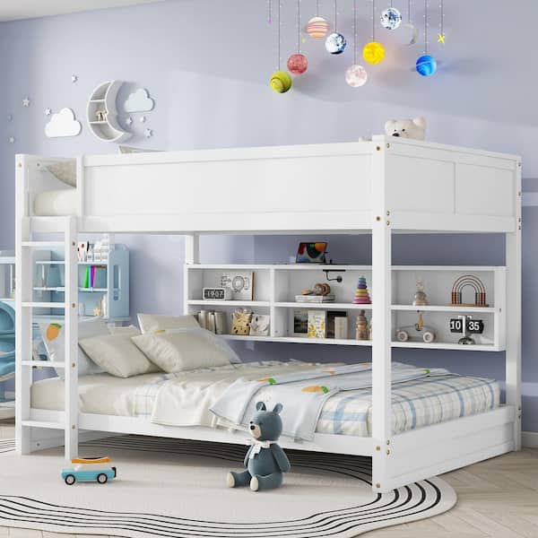 White Wood Queen Over Queen Bunk Bed with Storage Cabinets, USB Ports, Full-Length Bedrails