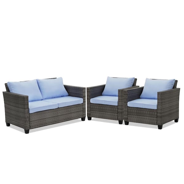 OVASTLKUY 4-Piece Blue Wicker Rattan Sofa Outdoor Furniture Set Patio Conversation with Removable Cushions