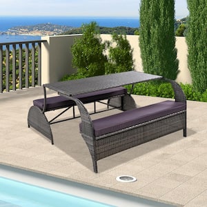 55.1 in. Gray Rectangle Wicker Picnic Table Seats 4 People Outdoor Loveseat Convertible Suitable for Gardens and Lawns