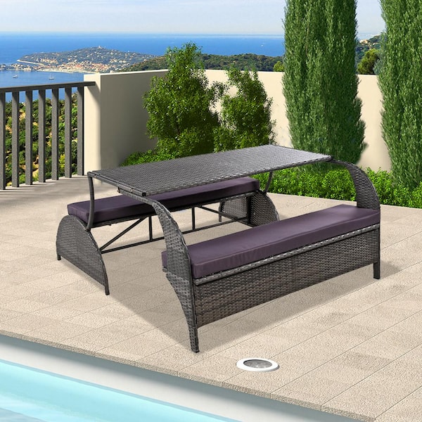 Unbranded 55.1 in. Gray Rectangle Wicker Picnic Table Seats 4 People Outdoor Loveseat Convertible Suitable for Gardens and Lawns