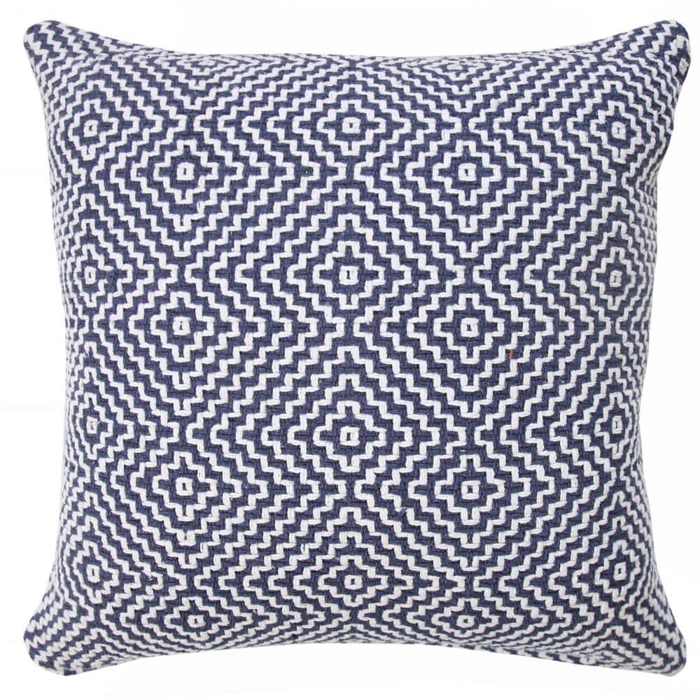 Delight Blue / White 20 in. x 20 in. Diamond Woven Geometric Throw Pillow