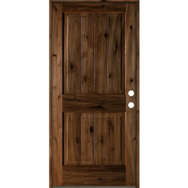 Krosswood Doors 36 in. x 80 in. Rustic Knotty Alder Square Top V-Grooved Provincial Stain Left-Hand Wood Single Prehung Front Door