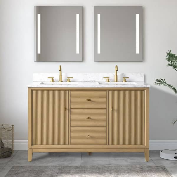 Vanity Art 54 in. W x 22 in. D x 34 in. H Double Sink Bathroom Vanity in Natural Oak with Engineered Marble Top