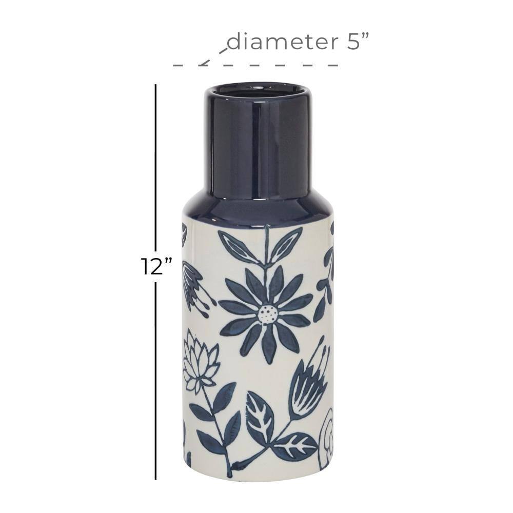 Modern French Country 12" Navy Blue and White Ceramic Table Vase