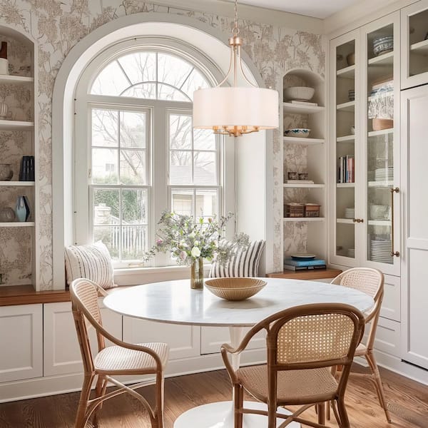 Modern 4-Light Gold Chandelier with Farmhouse Fabric Shade Classic Drum Pendant Dining Room Island Ceiling Light