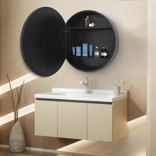 Runesay 24 in. W x 24 in. H LED Anti Fog Round Black Aluminum and Iron Recessed/Surface Mount Medicine Cabinet with Mirror