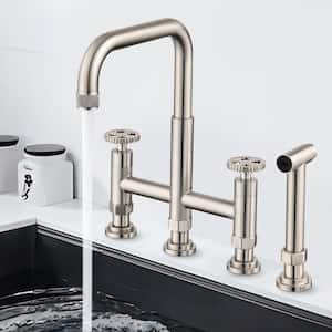 Double-Handle Bridge Kitchen Faucet with Side Spray in Brushed Nickel