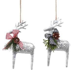 6 in. Silver Reindeer Christmas Ornament with Pine and Red Gingham Bowtie